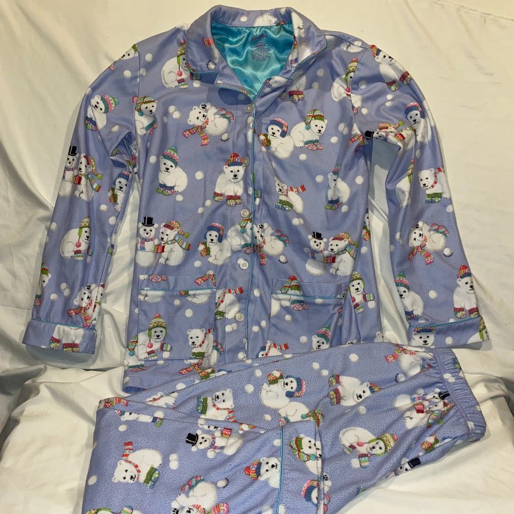2pc Pajama Set Youth Girls Nick & Nora Purple Bears Snow Holiday Sz XL 14/16